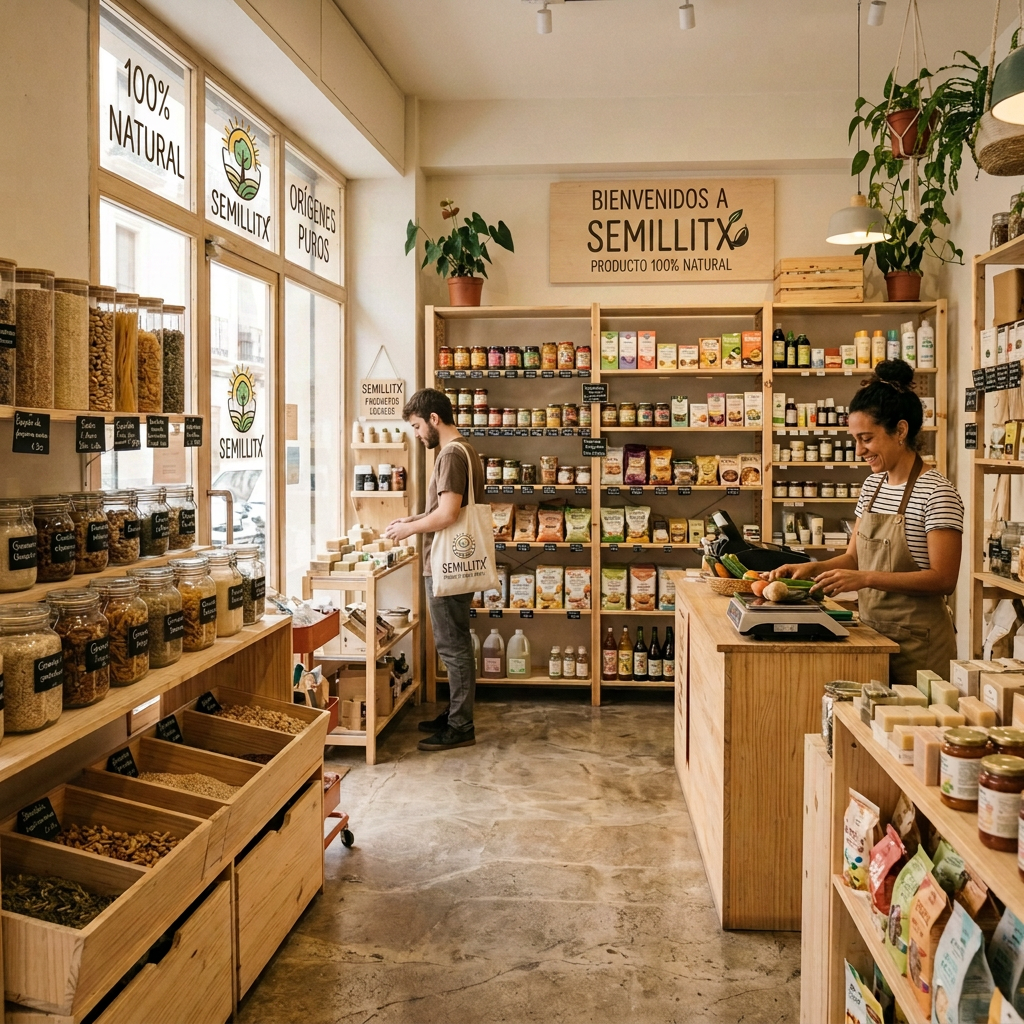 Customers shopping in Alma Vegana vegan grocery store with bulk foods